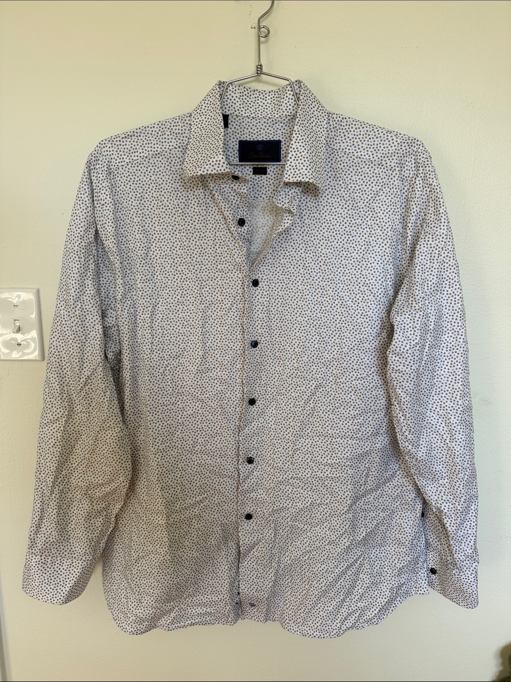 David Donahue White Shirt with Navy Dot Print